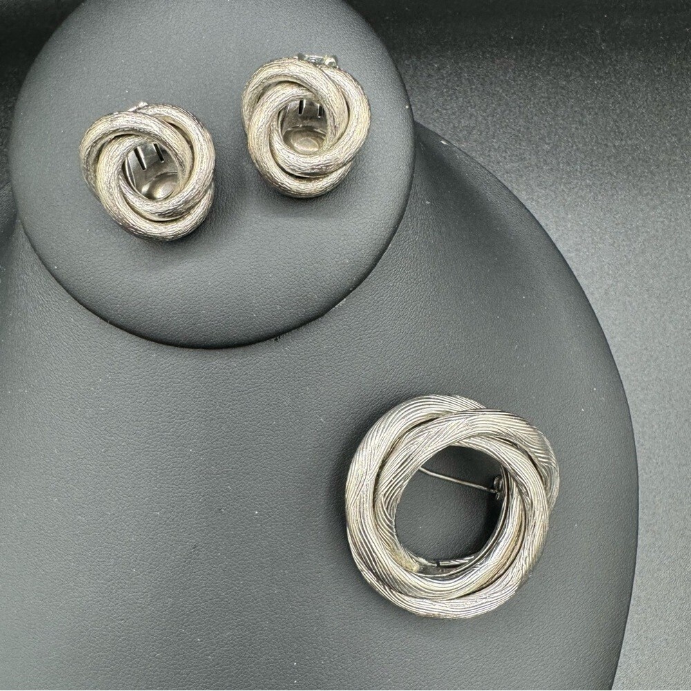Mid Century Modern Silver Tone Textured Brooch and Clip On Earrings Set